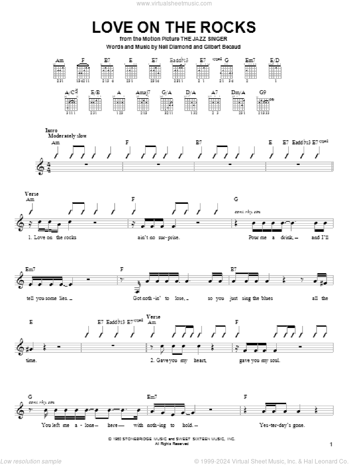 Love On The Rocks sheet music for guitar solo (chords) by Neil Diamond and Gilbert Becaud, easy guitar (chords)