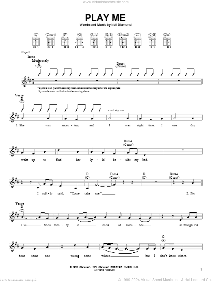 Play Me sheet music for guitar solo (chords) by Neil Diamond, easy guitar (chords)