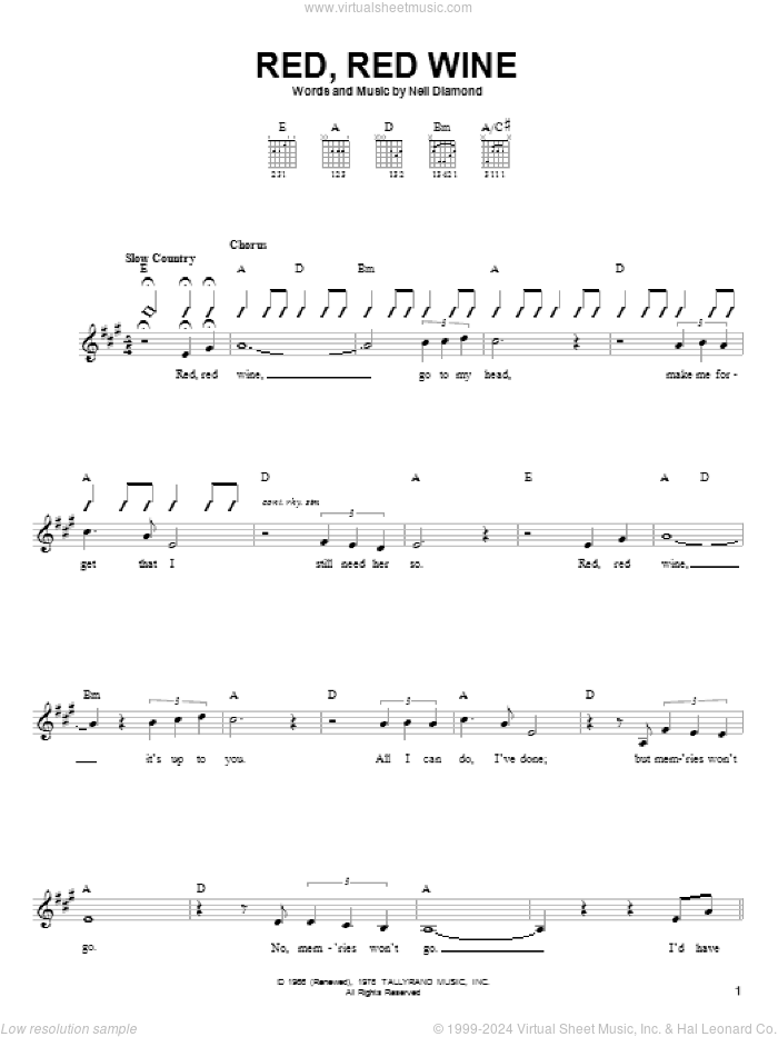 Red, Red Wine sheet music for guitar solo (chords) by Neil Diamond and UB40, easy guitar (chords)