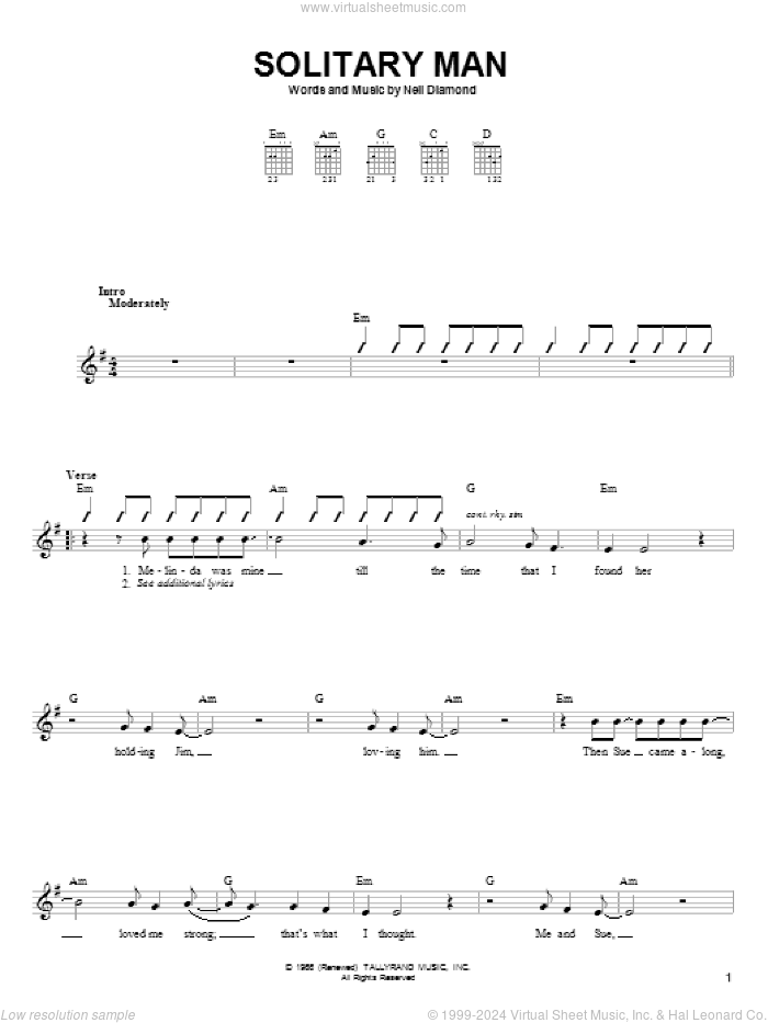 Solitary Man sheet music for guitar solo (chords) by Neil Diamond and Johnny Cash, easy guitar (chords)