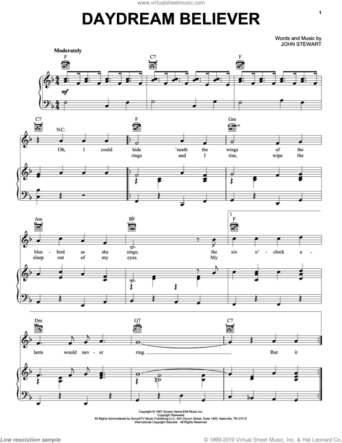 Daydream Believer sheet music for voice, piano or guitar by The Monkees, Alvin And The Chipmunks: The Squeakquel (Movie) and John Stewart, intermediate skill level