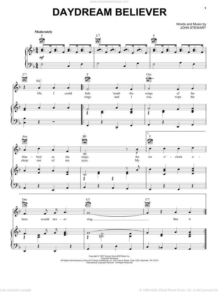 Daydream Believer sheet music for voice, piano or guitar by The Monkees, Alvin And The Chipmunks: The Squeakquel (Movie) and John Stewart, intermediate skill level