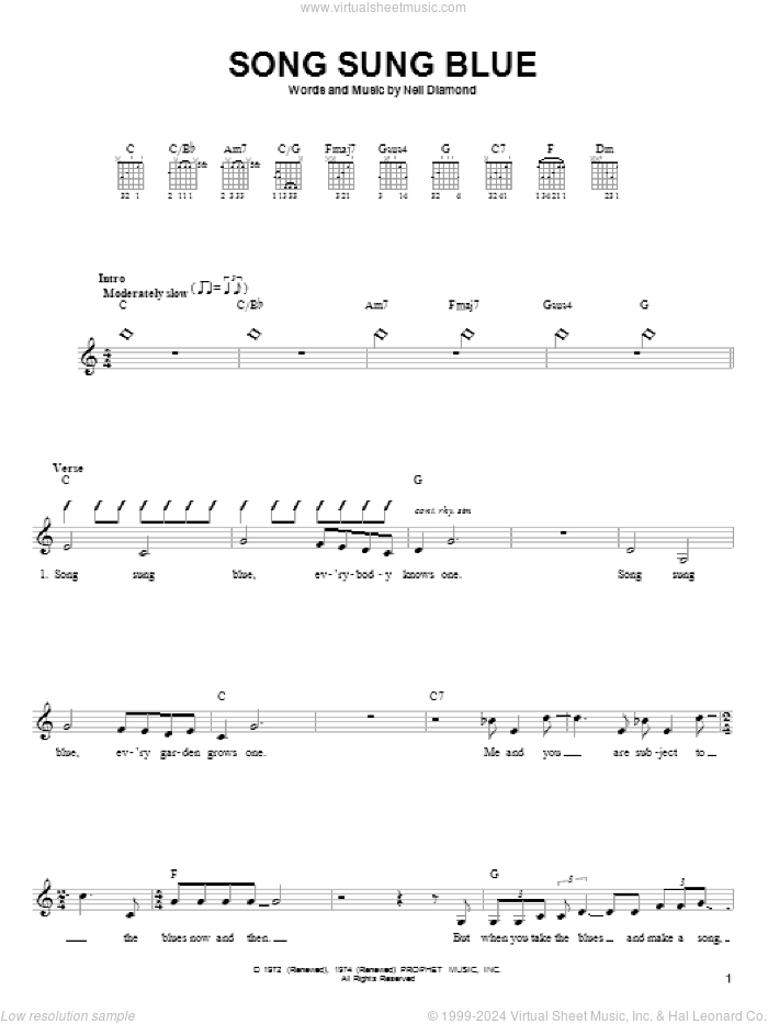 Song Sung Blue sheet music for guitar solo (chords) by Neil Diamond, easy guitar (chords)