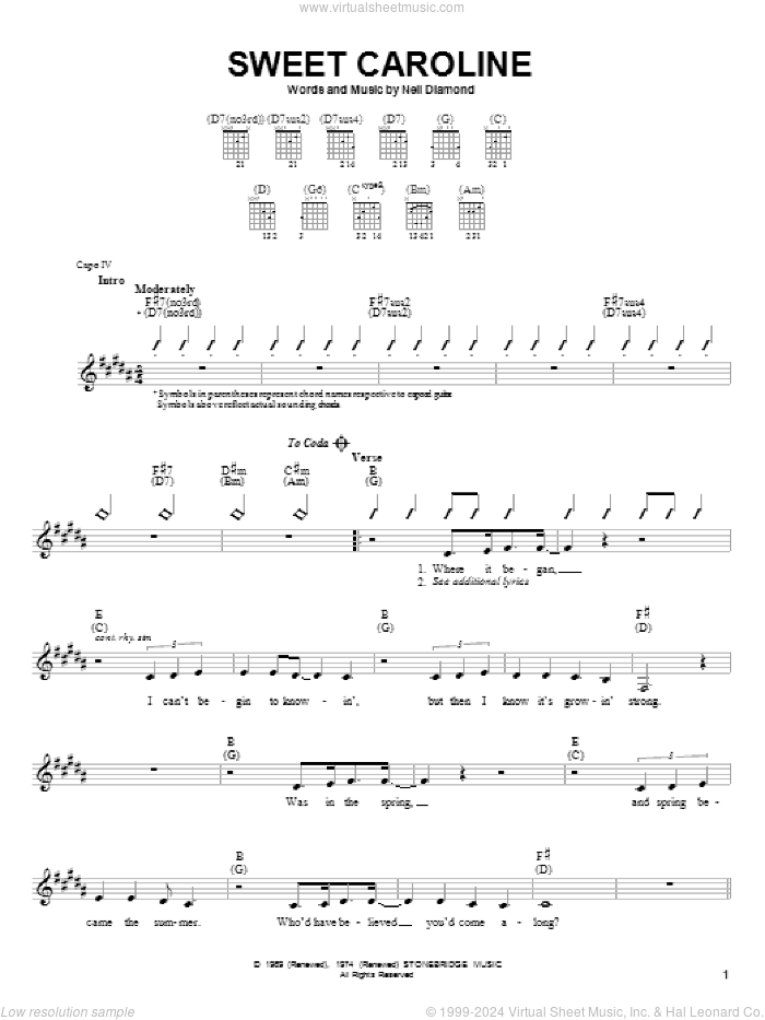 Sweet Caroline sheet music for guitar solo (chords) by Neil Diamond, easy guitar (chords)