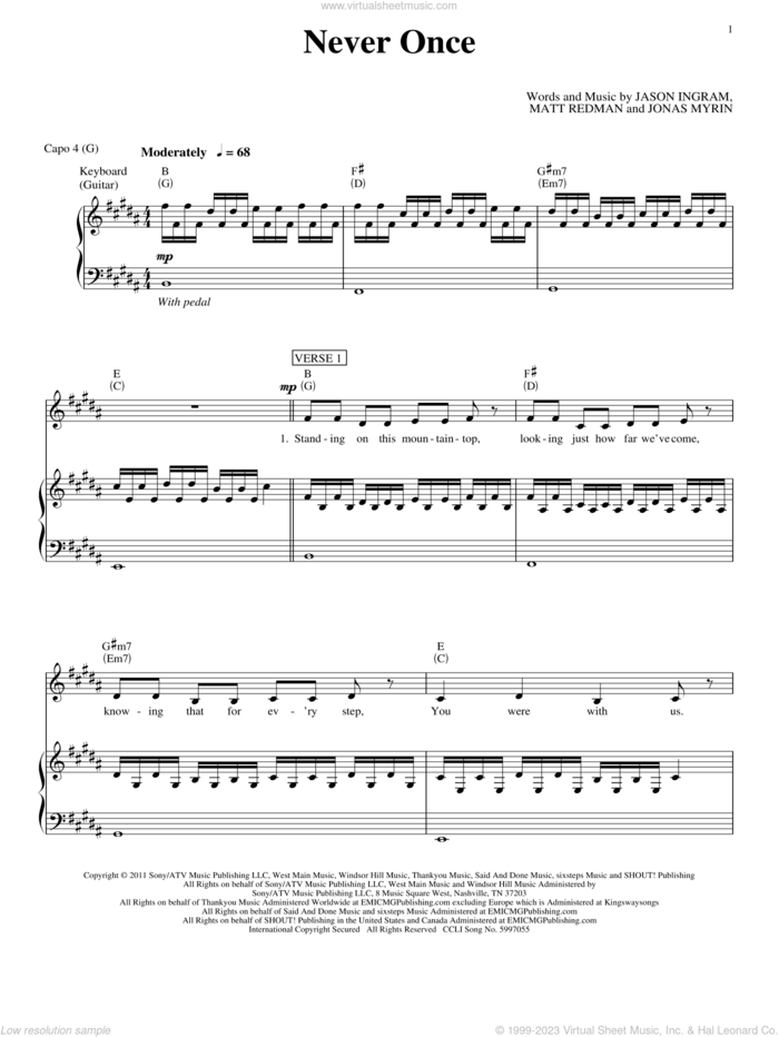 Never Once sheet music for voice, piano or guitar by Matt Redman, Jason Ingram and Jonas Myrin, intermediate skill level