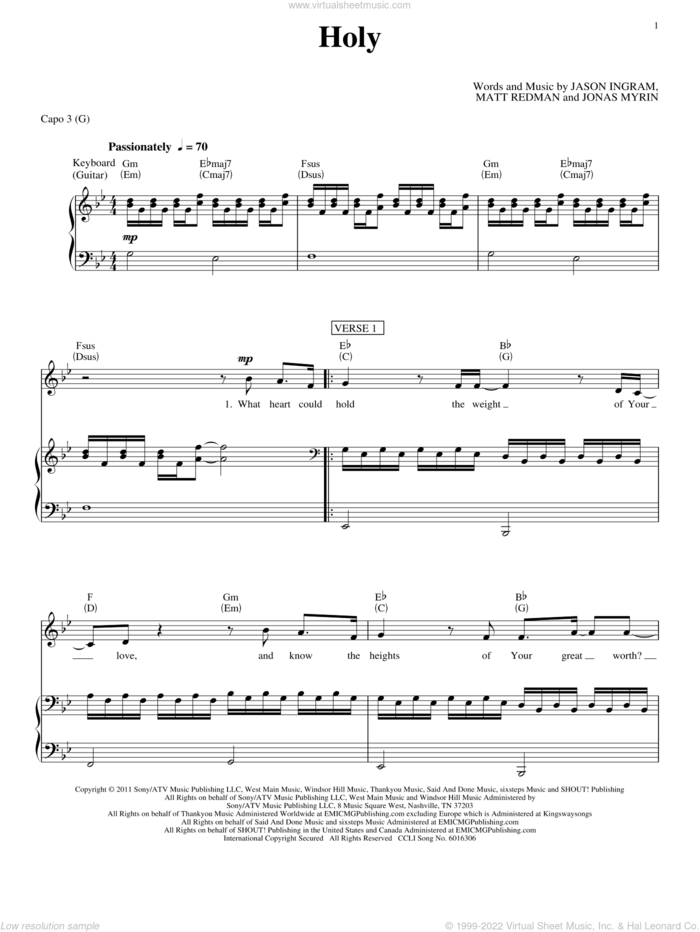 Holy sheet music for voice, piano or guitar by Matt Redman, Jason Ingram and Jonas Myrin, intermediate skill level