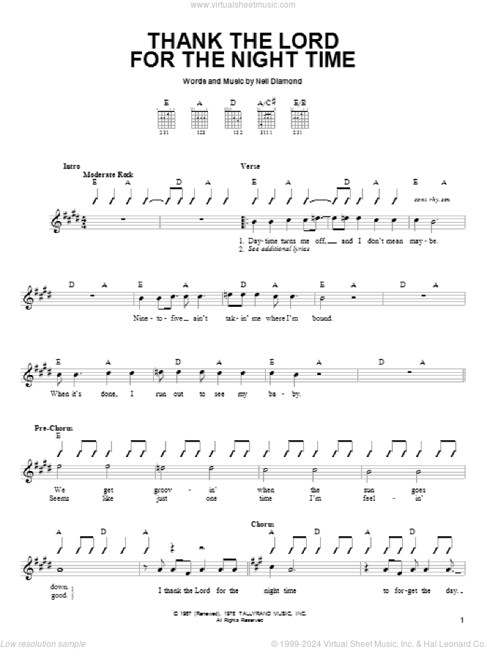 Thank The Lord For The Night Time sheet music for guitar solo (chords) by Neil Diamond, easy guitar (chords)