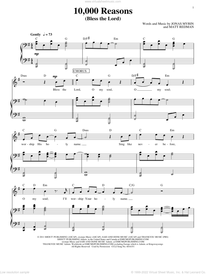 10,000 Reasons (Bless The Lord) sheet music for voice, piano or guitar by Matt Redman and Jonas Myrin, intermediate skill level