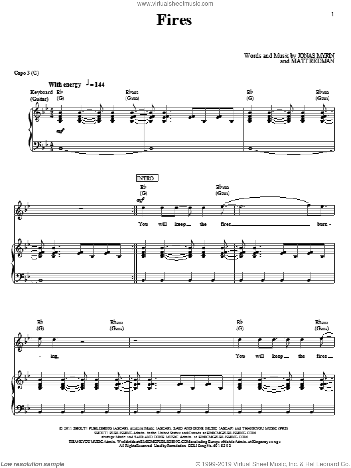 Fires sheet music for voice, piano or guitar by Matt Redman and Jonas Myrin, intermediate skill level