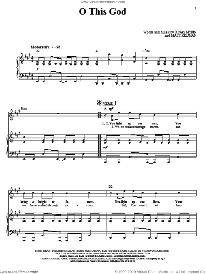 O This God sheet music for voice, piano or guitar by Matt Redman and Jonas Myrin, intermediate skill level