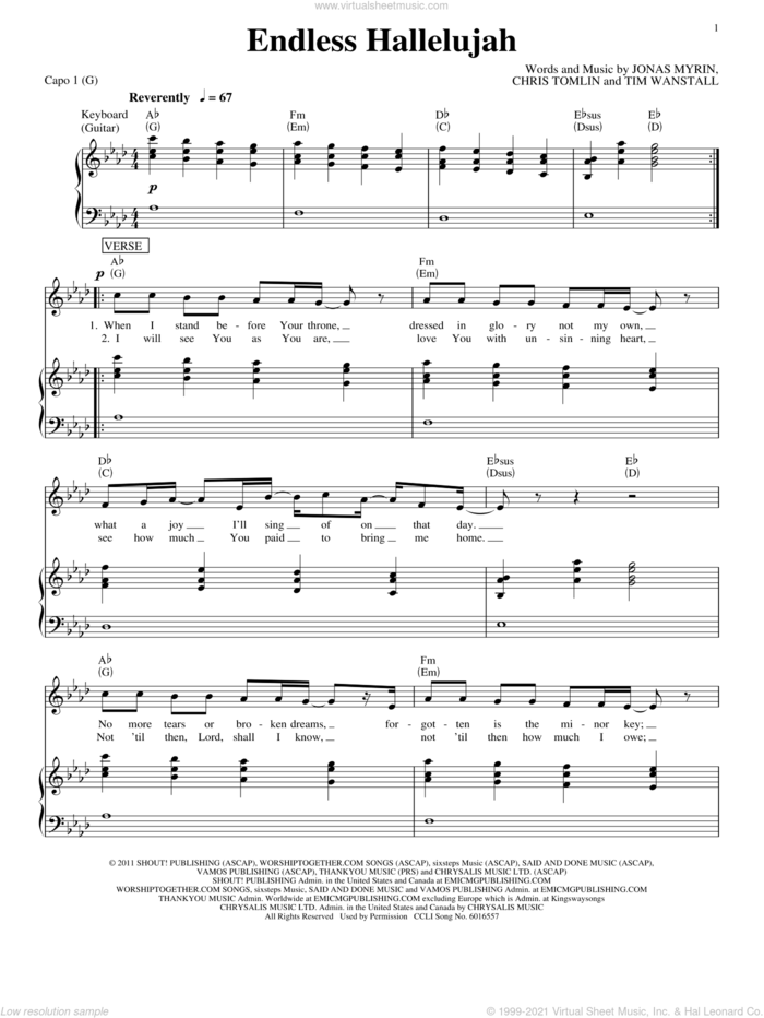 Endless Hallelujah sheet music for voice, piano or guitar by Matt Redman, Chris Tomlin, Jonas Myrin and Tim Wanstall, intermediate skill level