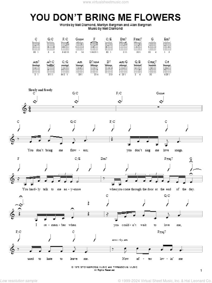 You Don't Bring Me Flowers sheet music for guitar solo (chords) by Neil Diamond & Barbra Streisand, Barbra Streisand, Alan Bergman, Marilyn Bergman and Neil Diamond, easy guitar (chords)