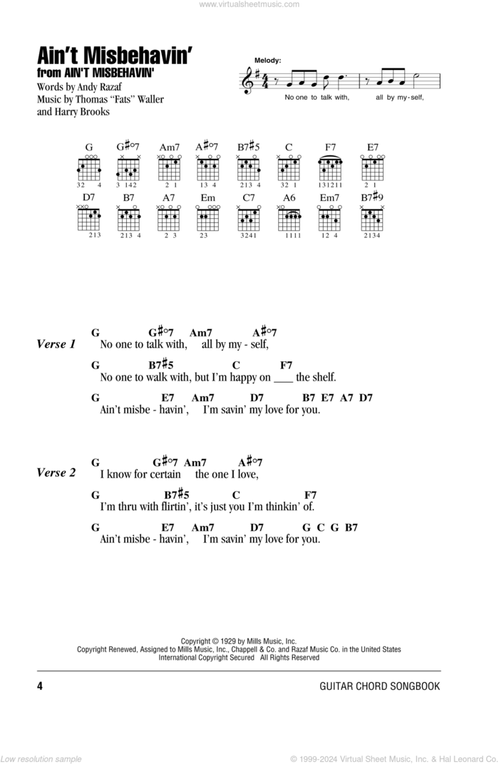 Ain't Misbehavin' sheet music for guitar (chords) by Andy Razaf, Thomas Waller and Harry Brooks, intermediate skill level