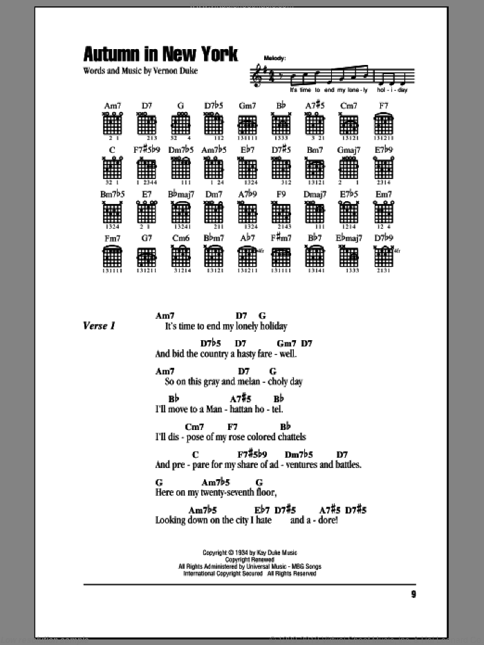 Autumn In New York sheet music for guitar (chords) by Vernon Duke, Bud Powell and Jo Stafford, intermediate skill level