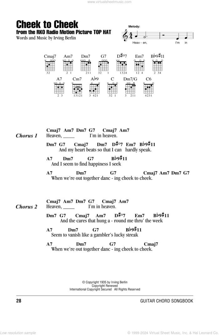 Cheek To Cheek sheet music for guitar (chords) by Irving Berlin, intermediate skill level