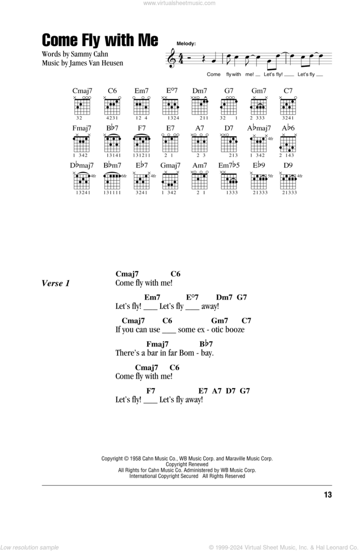 Come Fly With Me sheet music for guitar (chords) by Frank Sinatra, Jimmy van Heusen and Sammy Cahn, intermediate skill level