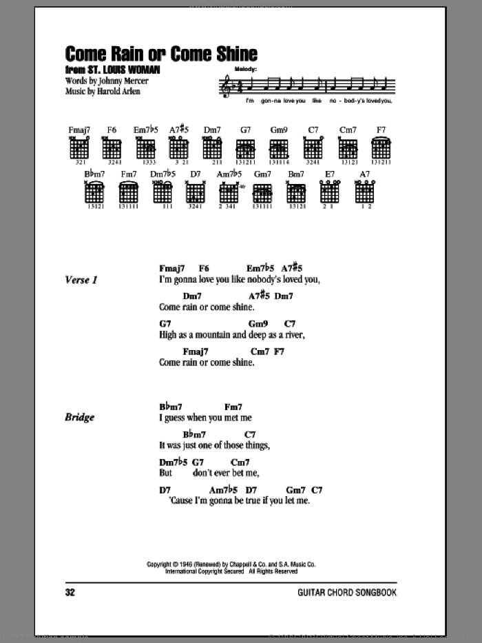 Come Rain Or Come Shine sheet music for guitar (chords) by Harold Arlen and Johnny Mercer, intermediate skill level