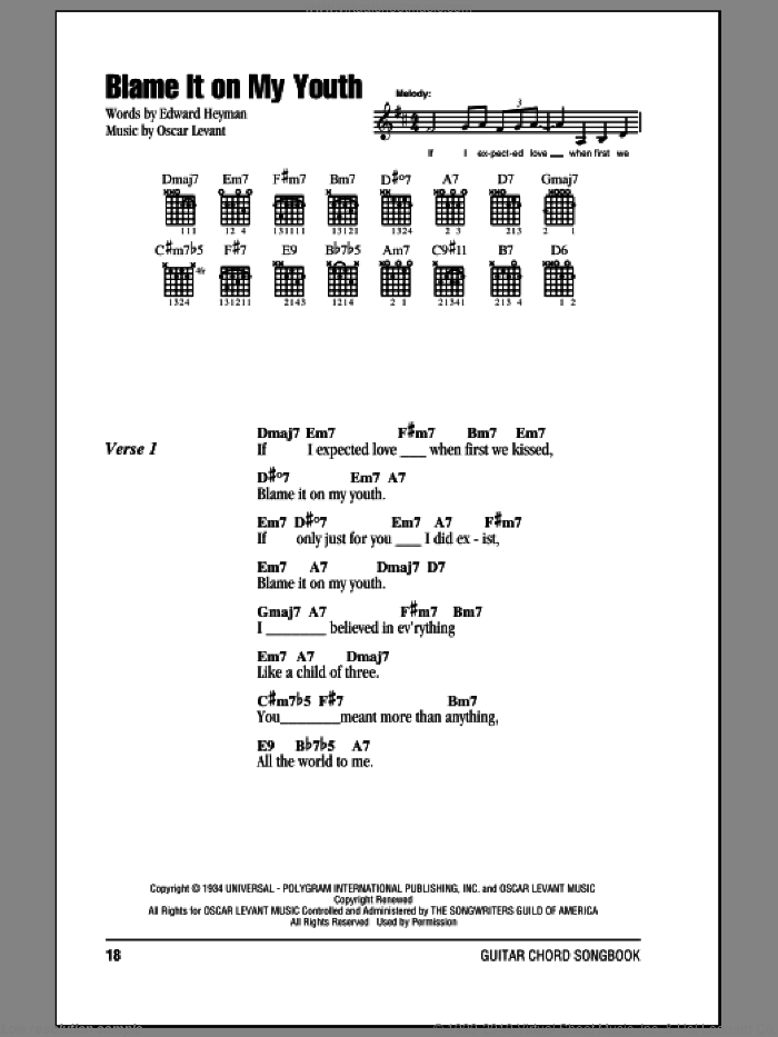 Blame It On My Youth sheet music for guitar (chords) by Edward Heyman and Oscar Levant, intermediate skill level