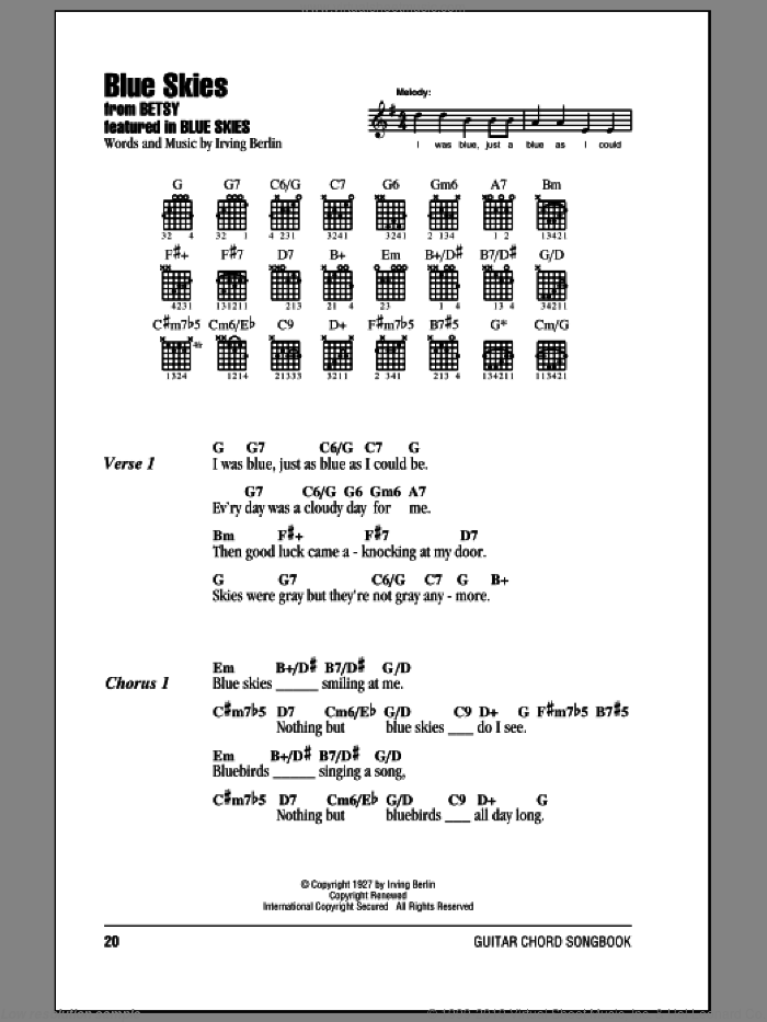 Blue Skies sheet music for guitar (chords) by Irving Berlin, intermediate skill level