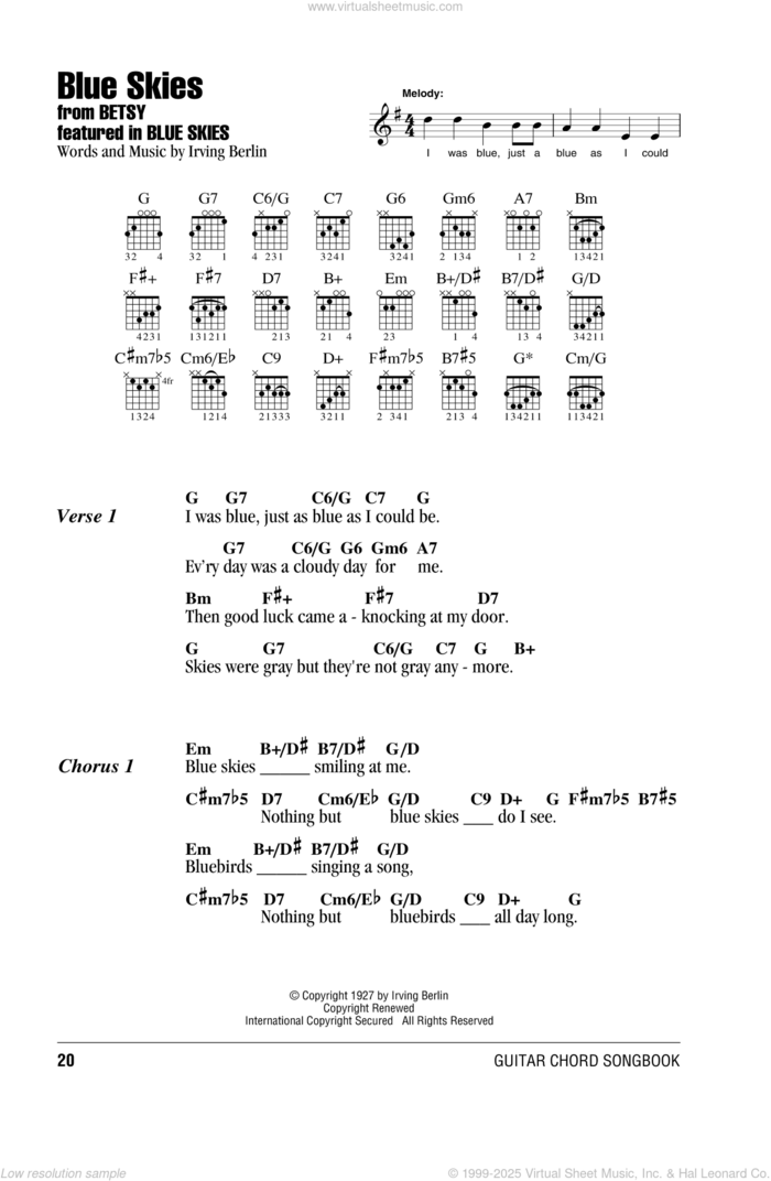 Blue Skies sheet music for guitar (chords) by Irving Berlin, intermediate skill level