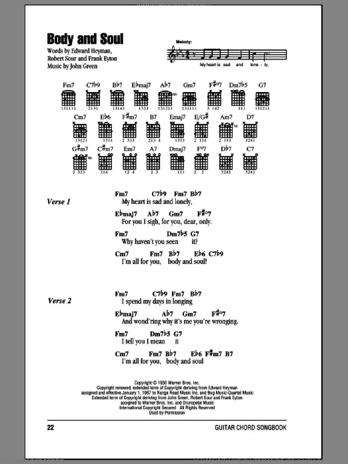 Body And Soul sheet music for guitar (chords) by Edward Heyman, Frank Eyton, Johnny Green and Robert Sour, intermediate skill level
