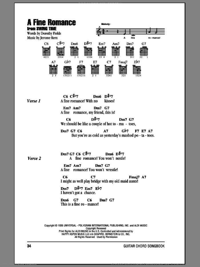 A Fine Romance sheet music for guitar (chords) by Jerome Kern and Dorothy Fields, intermediate skill level