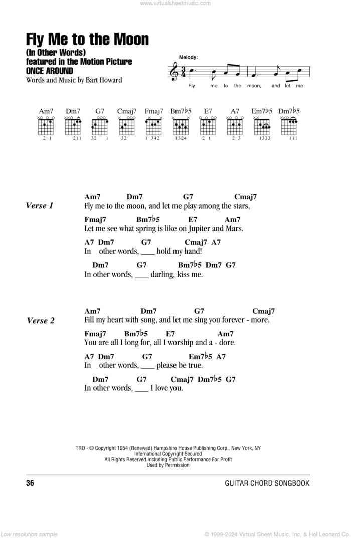 Fly Me To The Moon (In Other Words) sheet music for guitar (chords) by Frank Sinatra and Bart Howard, wedding score, intermediate skill level