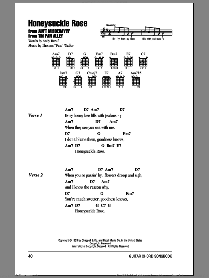 Honeysuckle Rose sheet music for guitar (chords) by Andy Razaf and Thomas Waller, intermediate skill level