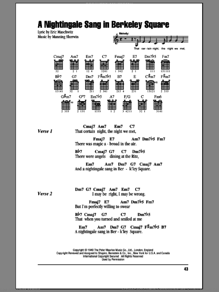 A Nightingale Sang In Berkeley Square sheet music for guitar (chords) by Nat King Cole, Eric Maschwitz and Manning Sherwin, intermediate skill level