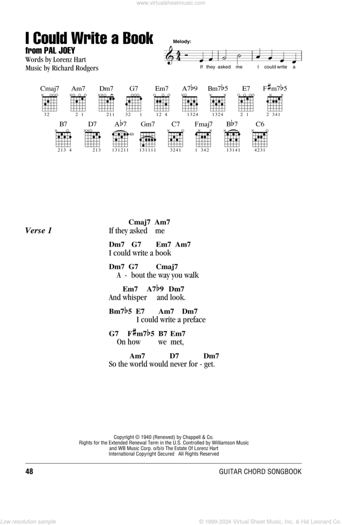 I Could Write A Book sheet music for guitar (chords) by Rodgers & Hart, Pal Joey (Musical), Lorenz Hart and Richard Rodgers, intermediate skill level