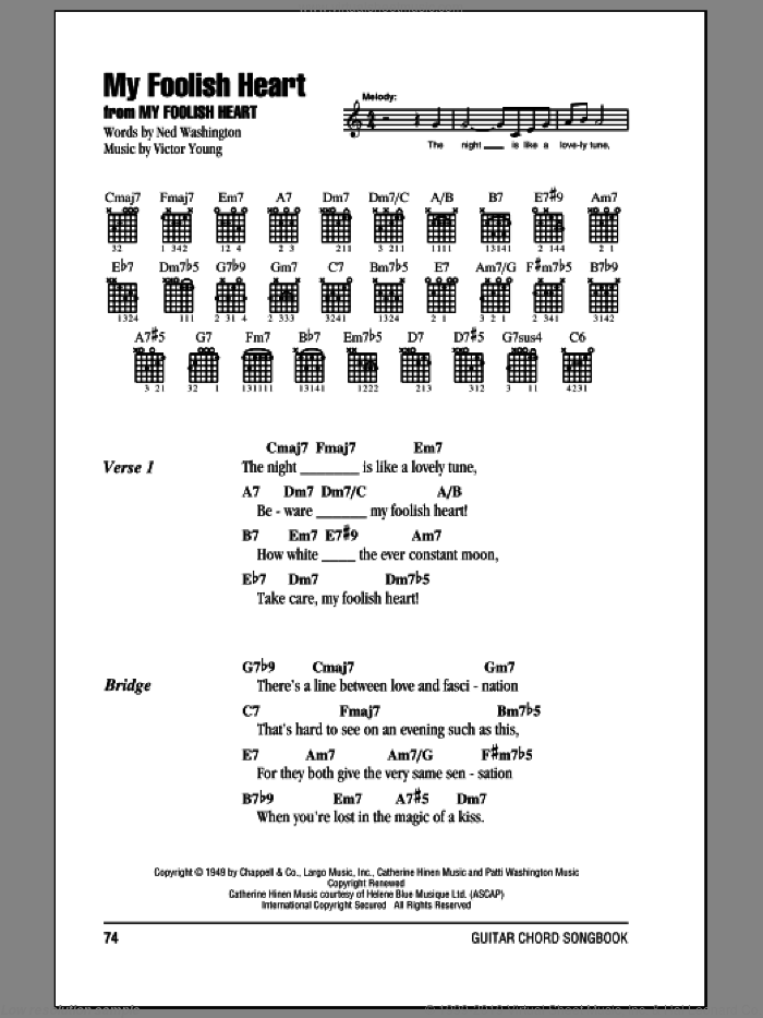 My Foolish Heart sheet music for guitar (chords) by Ned Washington and Victor Young, intermediate skill level