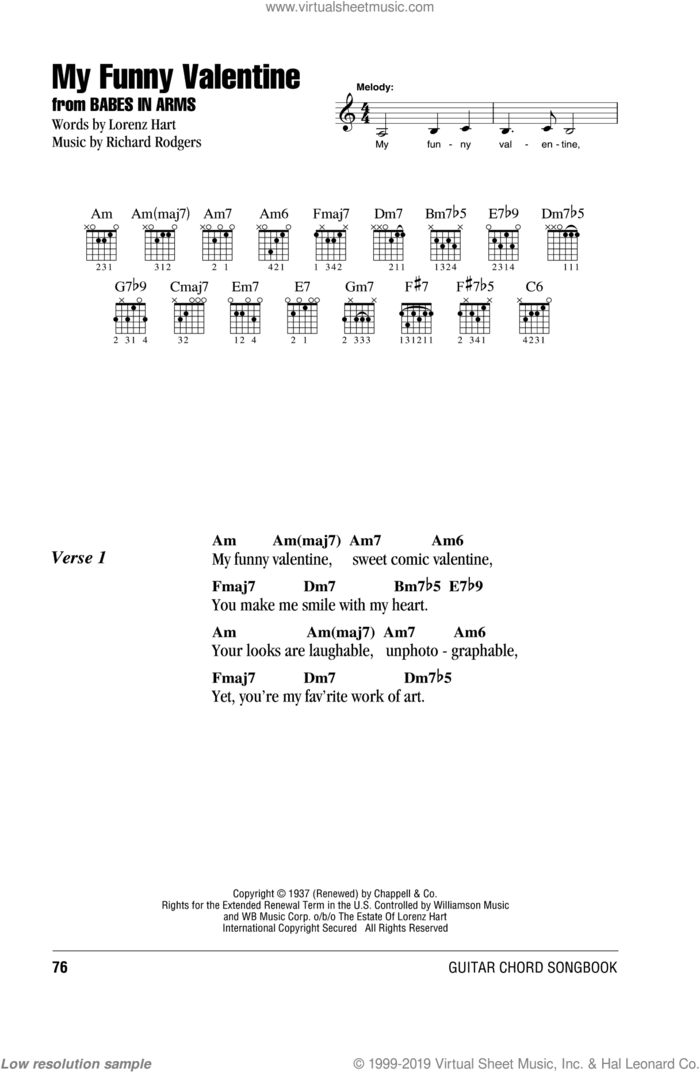 My Funny Valentine sheet music for guitar (chords) by Rodgers & Hart, Babes In Arms (Musical), Lorenz Hart and Richard Rodgers, intermediate skill level