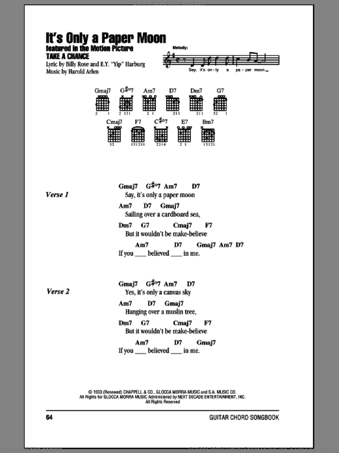 It's Only A Paper Moon sheet music for guitar (chords) by E.Y. Harburg, Billy Rose and Harold Arlen, intermediate skill level