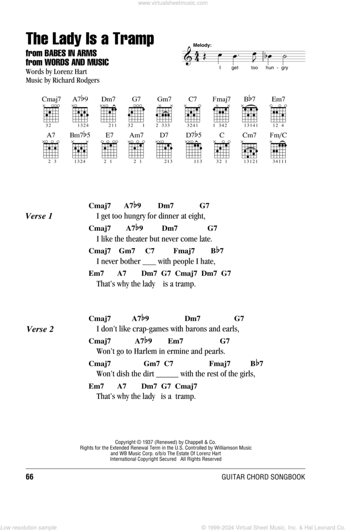 The Lady Is A Tramp sheet music for guitar (chords) by Rodgers & Hart, Babes In Arms (Musical), Lorenz Hart and Richard Rodgers, intermediate skill level