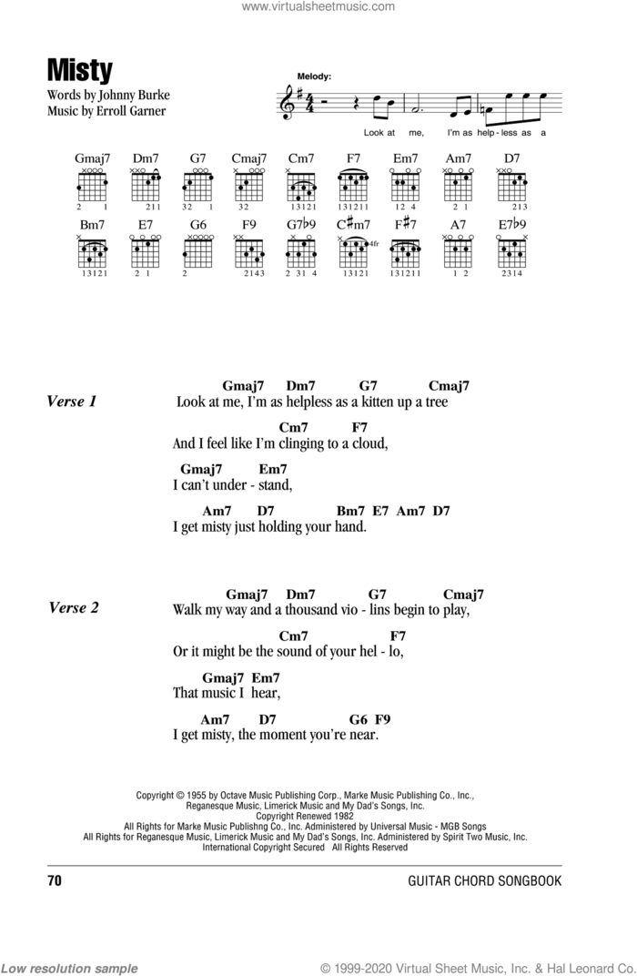 Misty sheet music for guitar (chords) by Erroll Garner, Johnny Mathis and John Burke, intermediate skill level