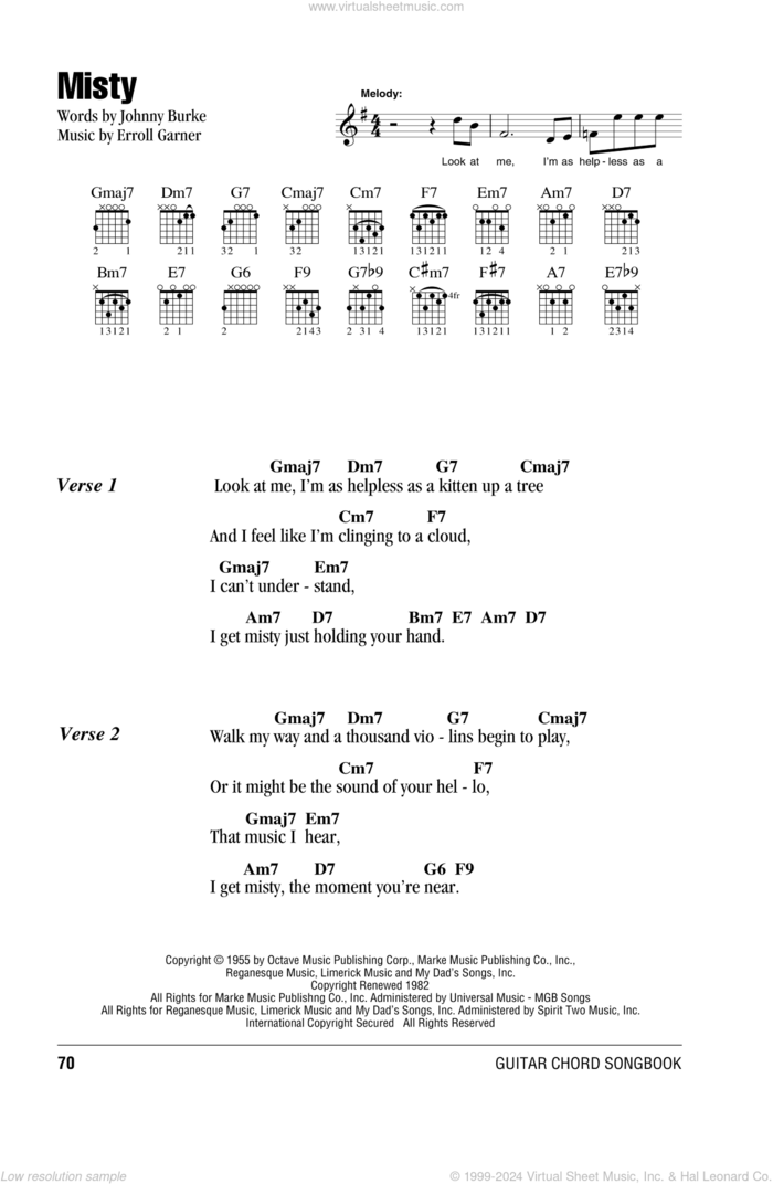 Misty sheet music for guitar (chords) by Erroll Garner, Johnny Mathis and John Burke, intermediate skill level