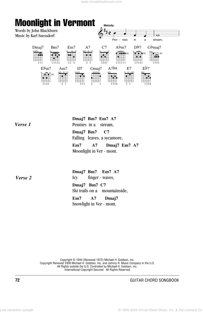 Moonlight In Vermont sheet music for guitar (chords) by John Blackburn and Karl Suessdorf, intermediate skill level