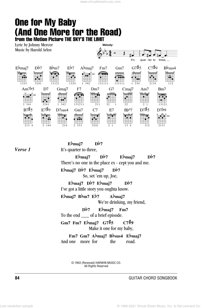 One For My Baby (And One More For The Road) sheet music for guitar (chords) by Frank Sinatra, Harold Arlen and Johnny Mercer, intermediate skill level