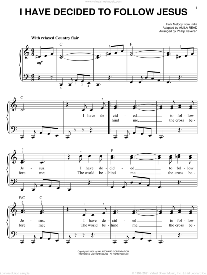 I Have Decided To Follow Jesus (arr. Phillip Keveren) sheet music for piano solo by Auila Read and Phillip Keveren, easy skill level