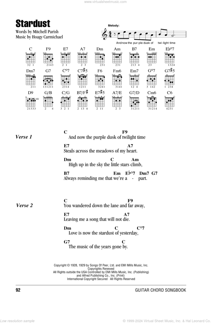 Stardust sheet music for guitar (chords) by Hoagy Carmichael, Artie Shaw and Mitchell Parish, intermediate skill level