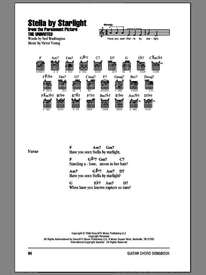 Stella By Starlight sheet music for guitar (chords) by Victor Young, Ray Charles and Ned Washington, intermediate skill level