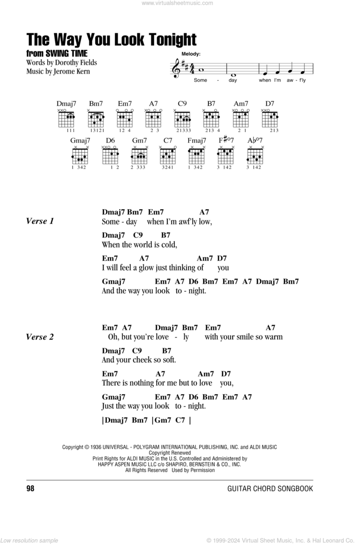 The Way You Look Tonight sheet music for guitar (chords) by Jerome Kern and Dorothy Fields, wedding score, intermediate skill level