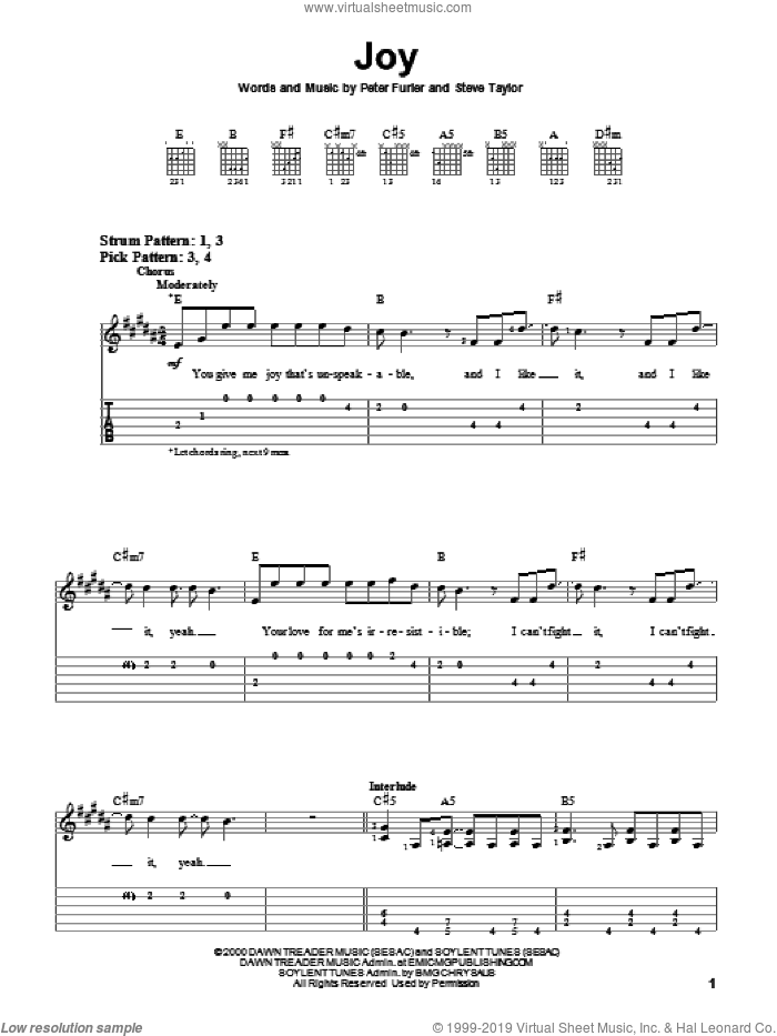 Joy sheet music for guitar (tablature) by Peter Furler and Steve Taylor, intermediate skill level