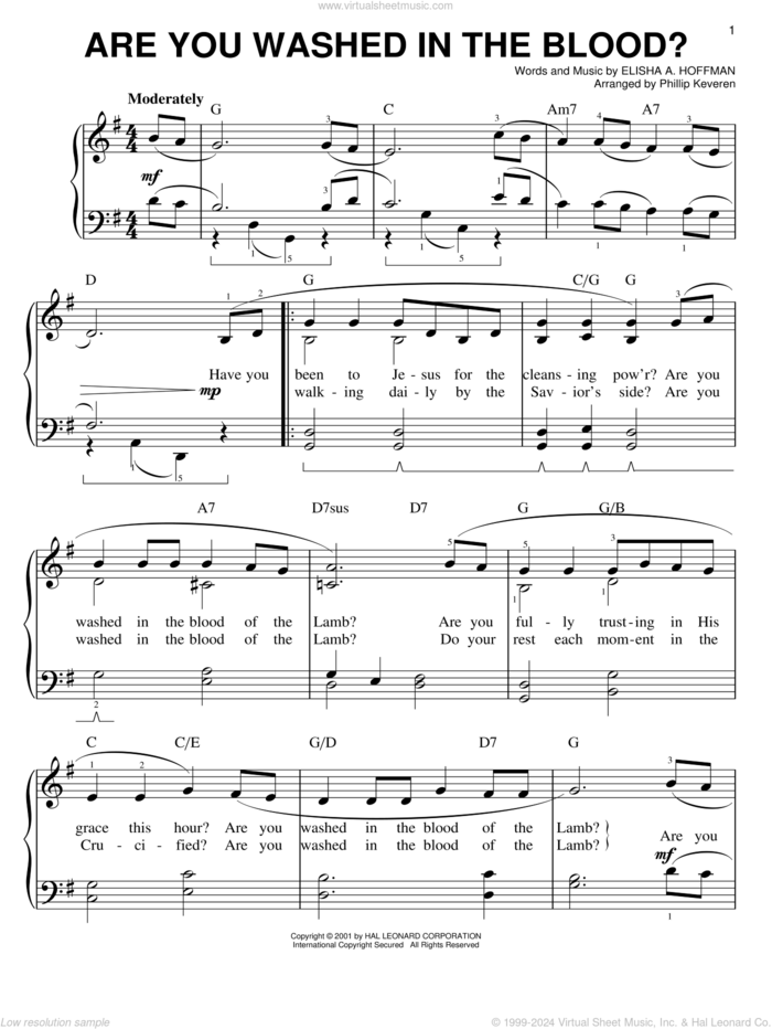 Are You Washed In The Blood? (arr. Phillip Keveren) sheet music for piano solo by Elisha A. Hoffman and Phillip Keveren, easy skill level