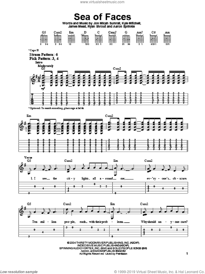 Sea Of Faces sheet music for guitar solo (easy tablature) by Kutless, Aaron Sprinkle, James Mead, Jon Micah Sumrall, Kyle Mitchell and Ryan Shrout, easy guitar (easy tablature)