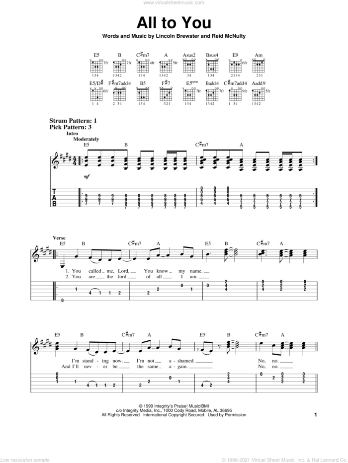 All To You sheet music for guitar solo (easy tablature) by Lincoln Brewster and Reid McNulty, easy guitar (easy tablature)