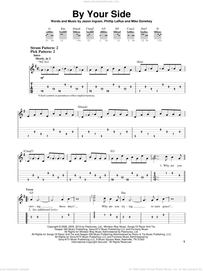 By Your Side sheet music for guitar solo (easy tablature) by Tenth Avenue North, Jason Ingram, Mike Donehey and Phillip Larue, easy guitar (easy tablature)