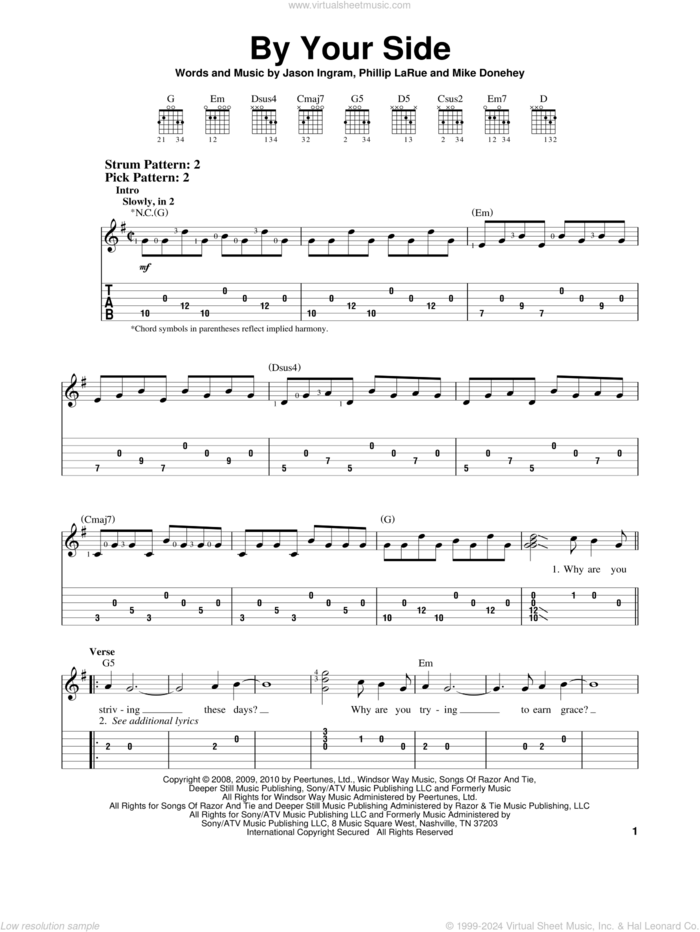 By Your Side sheet music for guitar solo (easy tablature) by Tenth Avenue North, Jason Ingram, Mike Donehey and Phillip Larue, easy guitar (easy tablature)