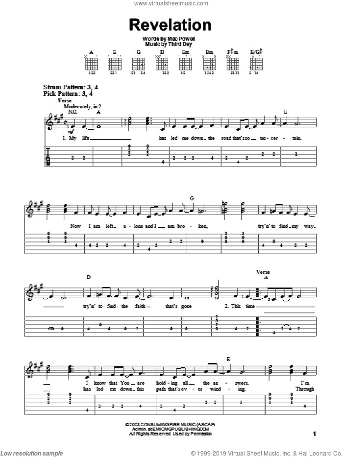 Revelation sheet music for guitar solo (easy tablature) by Third Day and Mac Powell, easy guitar (easy tablature)