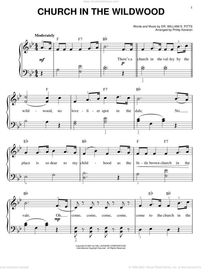 Church In The Wildwood (arr. Phillip Keveren) sheet music for piano solo by Dr. William S. Pitts and Phillip Keveren, easy skill level
